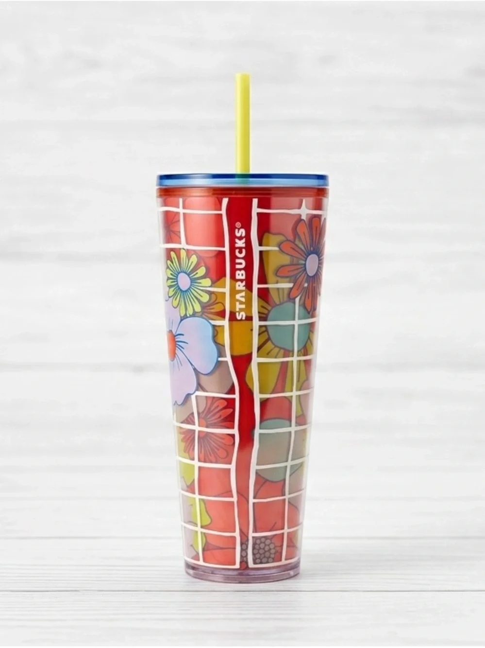 NWT Starbucks Summer 2024 Floral Pool Grid Venti Cold Cup Tumbler Red Daisy 24oz
